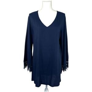 Southern Frock Blouse Womens XS Blue Crochet Trim Bell Sleeve Boho Tunic Top